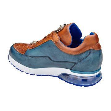Men's Belvedere Flash Calf & Ostrich Leg Sneaker in Camel & Blue 4 MEN E01 BLUE SAFARI/ALMOND-M-09  - from alligatorwarehouse.com