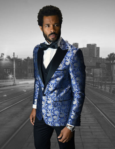 Mens Vested One Button Peak Lapel Shiny Floral Tuxedo in Royal Blue 1 BELLAGIO-4_ROYAL_40S  - from alligatorwarehouse.com