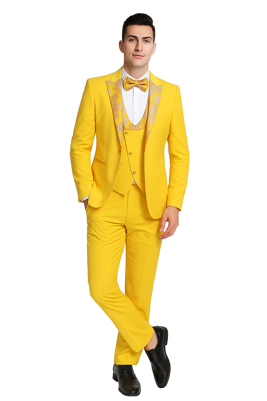 Radiant Golden Bloom Mens 3-Piece Suits with Floral Peak Lapel