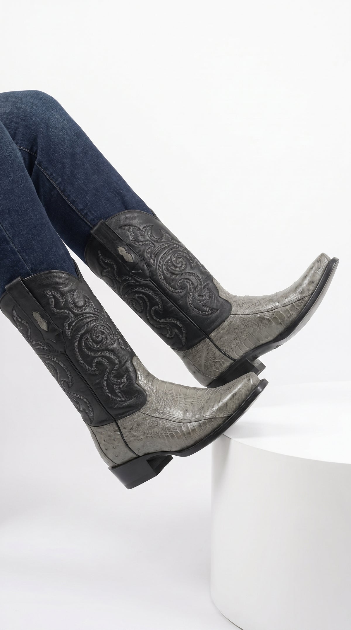 Los Altos Men’s Grey Ostrich Leg Cowboy Boots, Low Priced Exotic Western Dress Boots