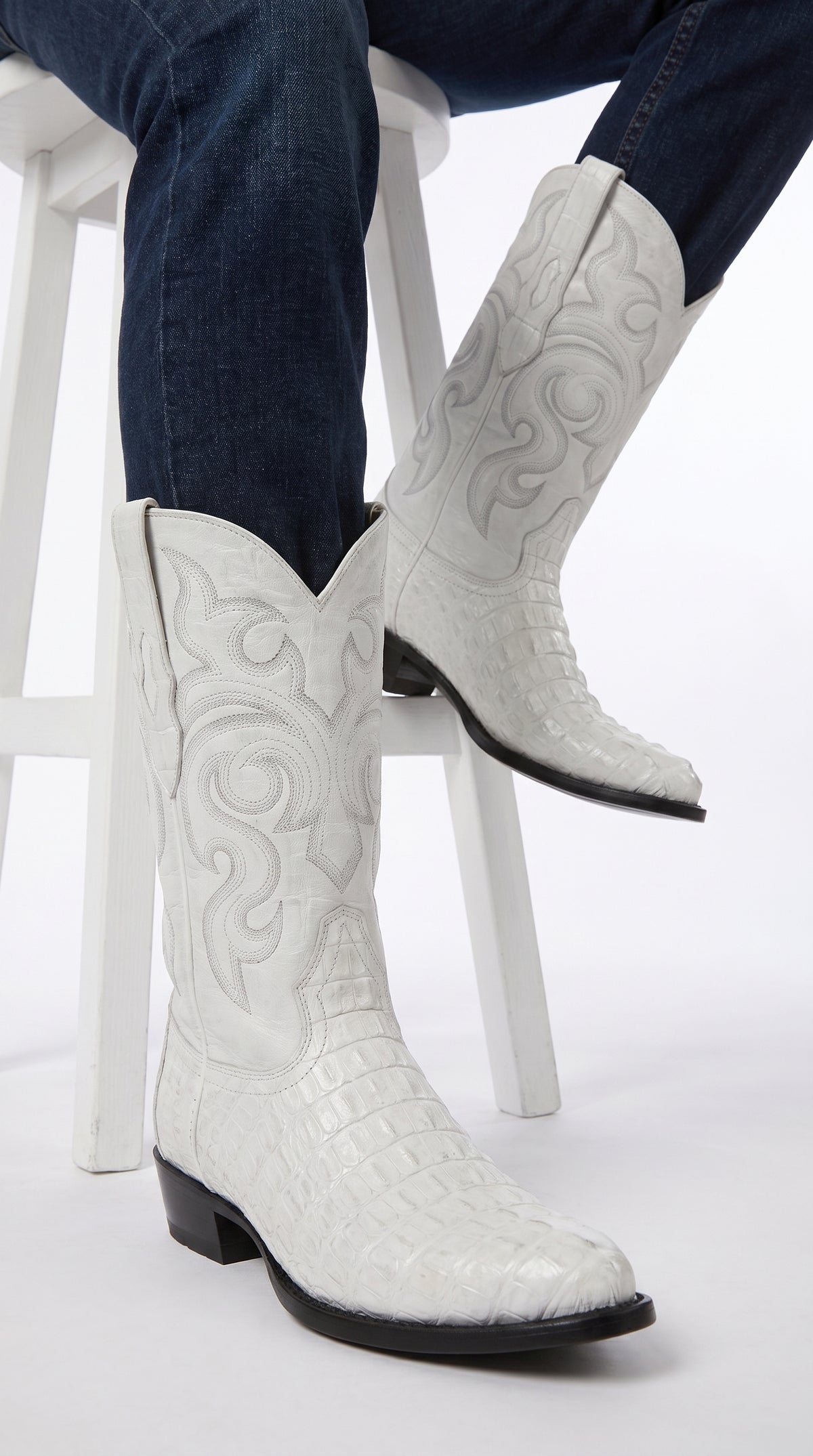 Men’s White Caiman Tail Crocodile Boots, Pointed Toe Exotic Western Cowboy Dress Boots