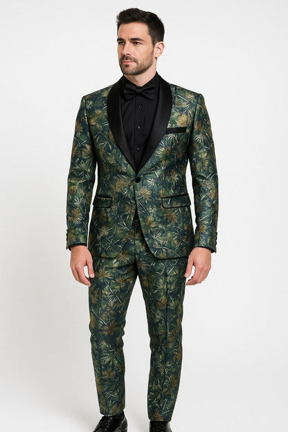 Mens Forest Camo Print Blazer with Black Satin Lapel Tuxedo - Green
