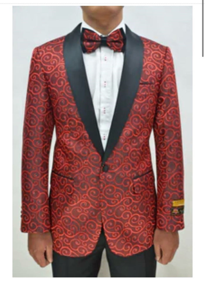Red and Black Tuxedo Suit – Mens Formal Blazer with Satin Shawl Lapel