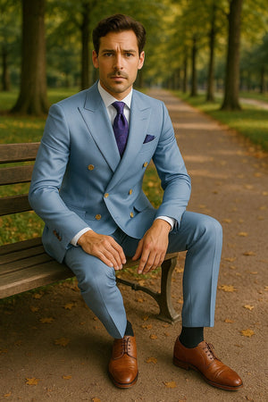 Mens Light Blue Double-Breasted Suit with Gold Buttons ƒ?? Slim Fit 2-Piece Formal Set in Sky Blue Color