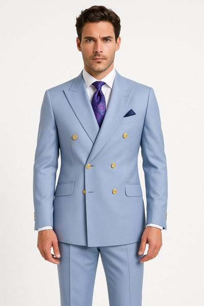 Mens Light Blue Double-Breasted Suit with Gold Buttons ƒ?? Slim Fit 2-Piece Formal Set in Sky Blue Color 1   - from alligatorwarehouse.com