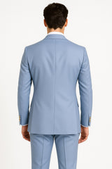 Mens Light Blue Double-Breasted Suit with Gold Buttons ƒ?? Slim Fit 2-Piece Formal Set in Sky Blue Color