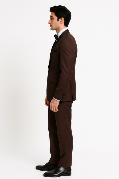 Mens Chocolate Brown Tuxedo with Black Satin Peak Lapel – Formal Wedding and Prom Suit