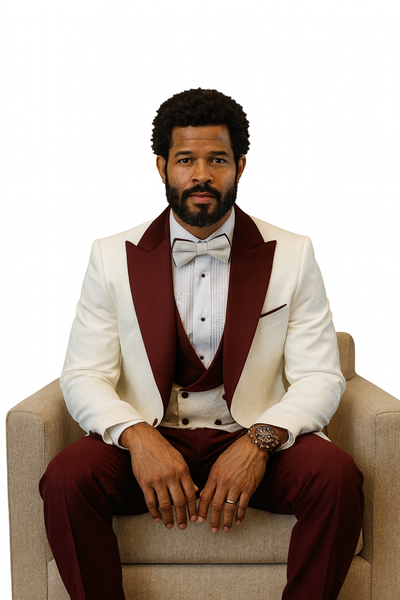 Hilton White and Burgundy Paisley Peak Lapel Tuxedo Jacket with Matching Shawl Vest and Wool Pants – Includes Bow Tie 5   - from alligatorwarehouse.com