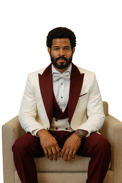 Hilton White and Burgundy Paisley Peak Lapel Tuxedo Jacket with Matching Shawl Vest and Wool Pants – Includes Bow Tie
