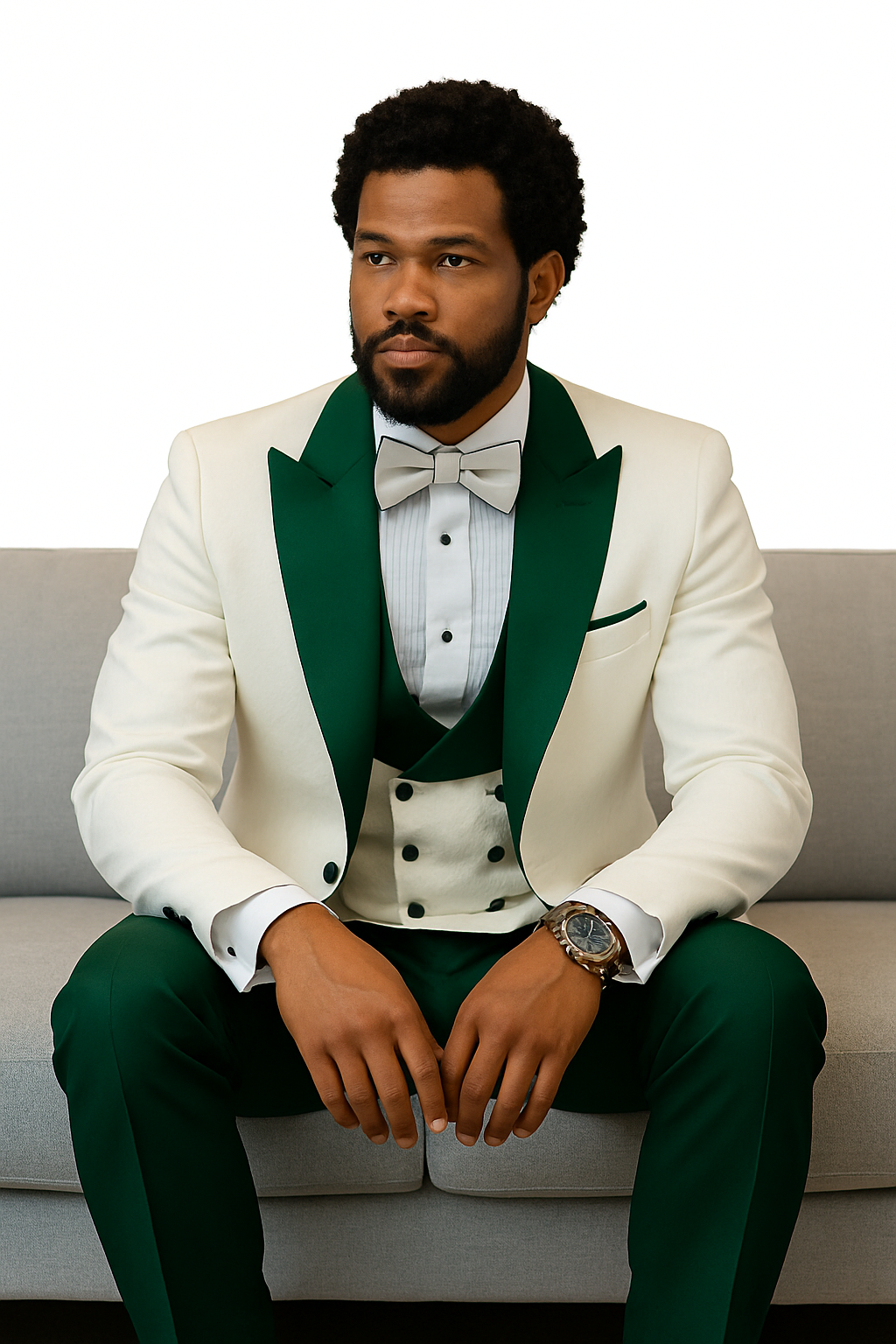 Hilton White and Hunter Green Paisley Peak Lapel Tuxedo Jacket with Matching Shawl Vest and Wool Pants – Includes Bow Tie