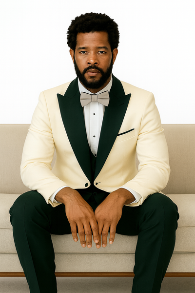 Hilton White and Black Paisley Peak Lapel Tuxedo Jacket with Matching Shawl Vest and Wool Pants – Includes Bow Tie 7   - from alligatorwarehouse.com