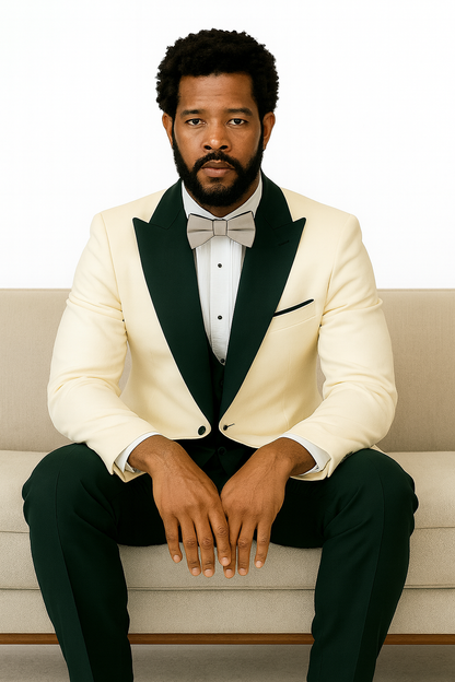 Hilton White and Black Paisley Peak Lapel Tuxedo Jacket with Matching Shawl Vest and Wool Pants – Includes Bow Tie