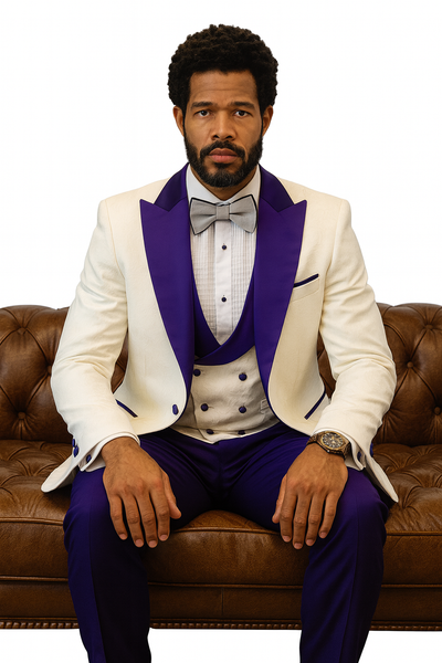 Hilton White and Purple Paisley Peak Lapel Tuxedo Jacket with Matching Shawl Vest and Wool Pants – Includes Bow Tie 7   - from alligatorwarehouse.com