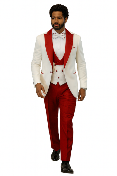 Hilton White and Red Paisley Peak Lapel Tuxedo Jacket with Matching Shawl Vest and Wool Pants – Includes Bow Tie 7   - from alligatorwarehouse.com