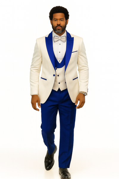 Hilton White and Royal Blue Paisley Peak Lapel Tuxedo Jacket with Matching Shawl Vest and Wool Pants – Includes Bow Tie 7   - from alligatorwarehouse.com