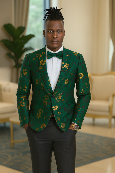 Men's slim fit hunter green and gold paisley prom and wedding tuxedo jacket 3   - from alligatorwarehouse.com