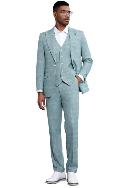Men's Stacy Adams Vested Peak Lapel Light Turquoise Green Plaid Prom & Wedding Suit 6 SM182H1-01-38R  - from alligatorwarehouse.com