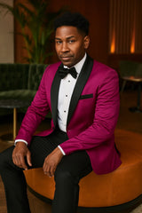 Mens Fuchsia Pink Satin Tuxedo Jacket with Black Peak Lapel ƒ?? Bold Slim Fit Formal Suit