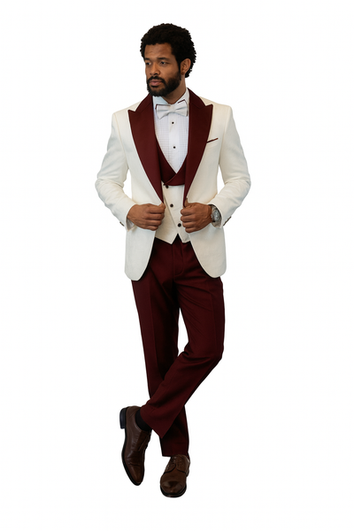 Hilton White and Burgundy Paisley Peak Lapel Tuxedo Jacket with Matching Shawl Vest and Wool Pants – Includes Bow Tie 7   - from alligatorwarehouse.com