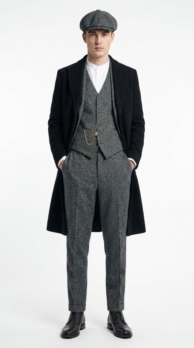 Men’s Grey Peaky Blinders 3 Piece Suit with Black Overcoat and Hat, Thomas Shelby Inspired Costume