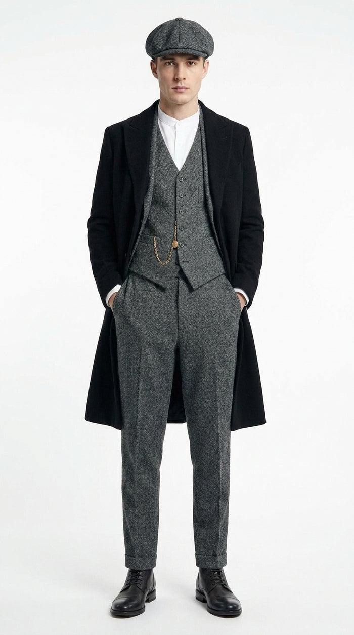 Men’s Grey Peaky Blinders 3 Piece Suit with Black Overcoat and Hat, Thomas Shelby Inspired Costume