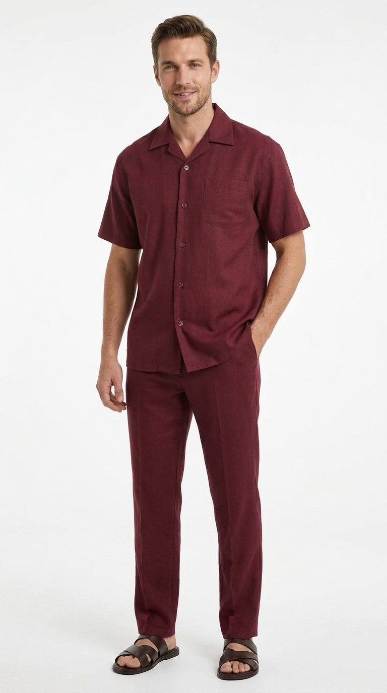 Men’s Burgundy Short Sleeve Walking Suit, Casual Summer Shirt and Pants Leisure Set