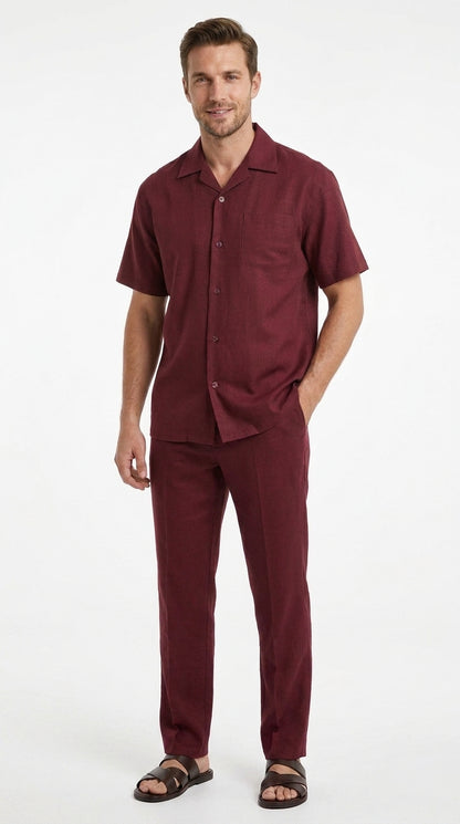 Men’s Burgundy Short Sleeve Walking Suit, Casual Summer Shirt and Pants Leisure Set