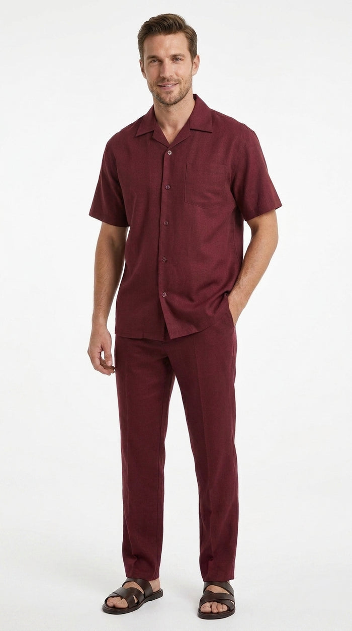 Men’s Burgundy Short Sleeve Walking Suit, Casual Summer Shirt and Pants Leisure Set