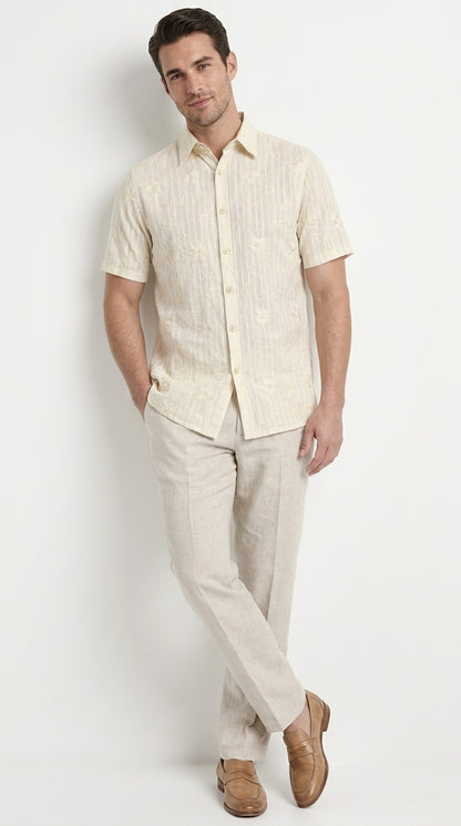 Men’s Cream Abstract Stripe Walking Suit Set, 2 Piece Short Sleeve Casual Summer Outfit