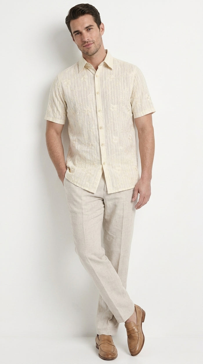 Men’s Cream Abstract Stripe Walking Suit Set, 2 Piece Short Sleeve Casual Summer Outfit