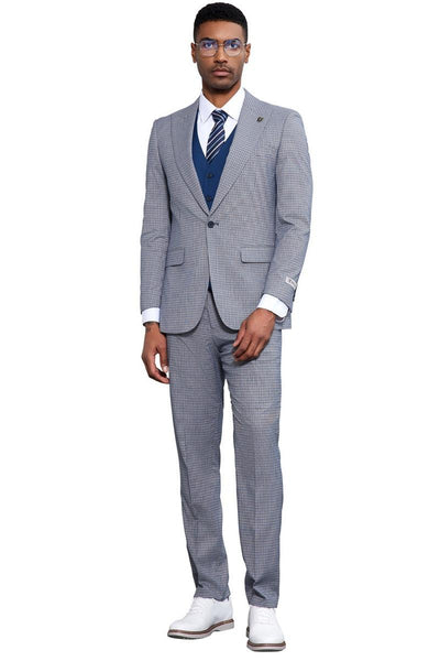 Men's Stacy Adams One Button Peak Lapel Vested Micro Check in Light Blue with a French Blue Vest 2 SM183H1-02-38R  - from alligatorwarehouse.com