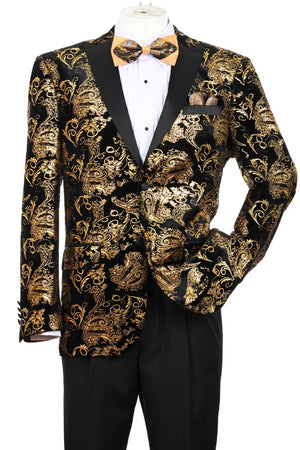 Men's Modern Fit Velvet Floral Paisley Foil Tuxedo Jacket In Gold & Black