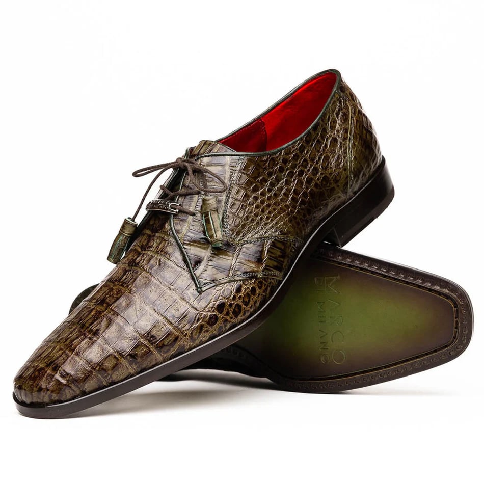 Marco Di Milano Lacio Men's Shoes Wood Green Genuine Caiman Crocodile Dress Derby Oxfords