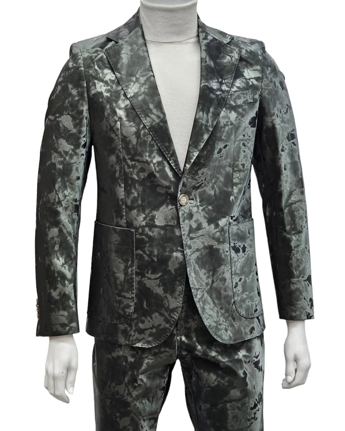 Mens 1 Button Slim Fit Faux Leather with Patch Pockets Green Suit