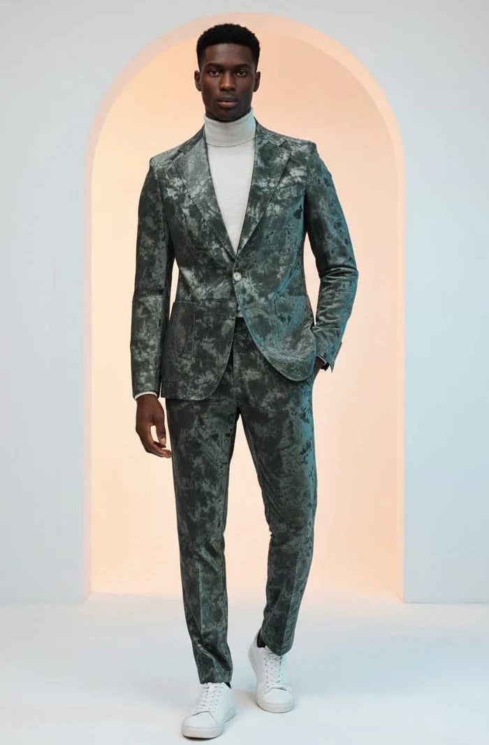 Mens 1 Button Slim Fit Faux Leather with Patch Pockets Green Suit
