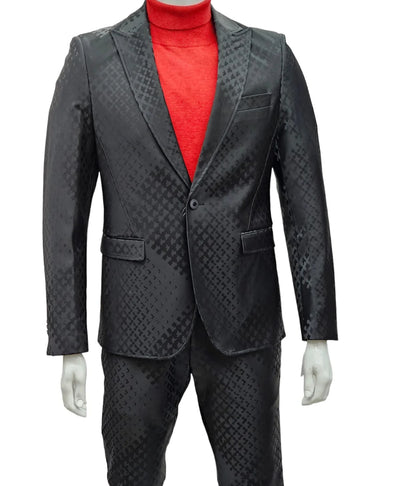 Mens One Button Peak Lapel Suit Black on Black