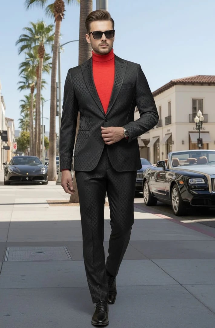 Mens One Button Peak Lapel Suit Black on Black