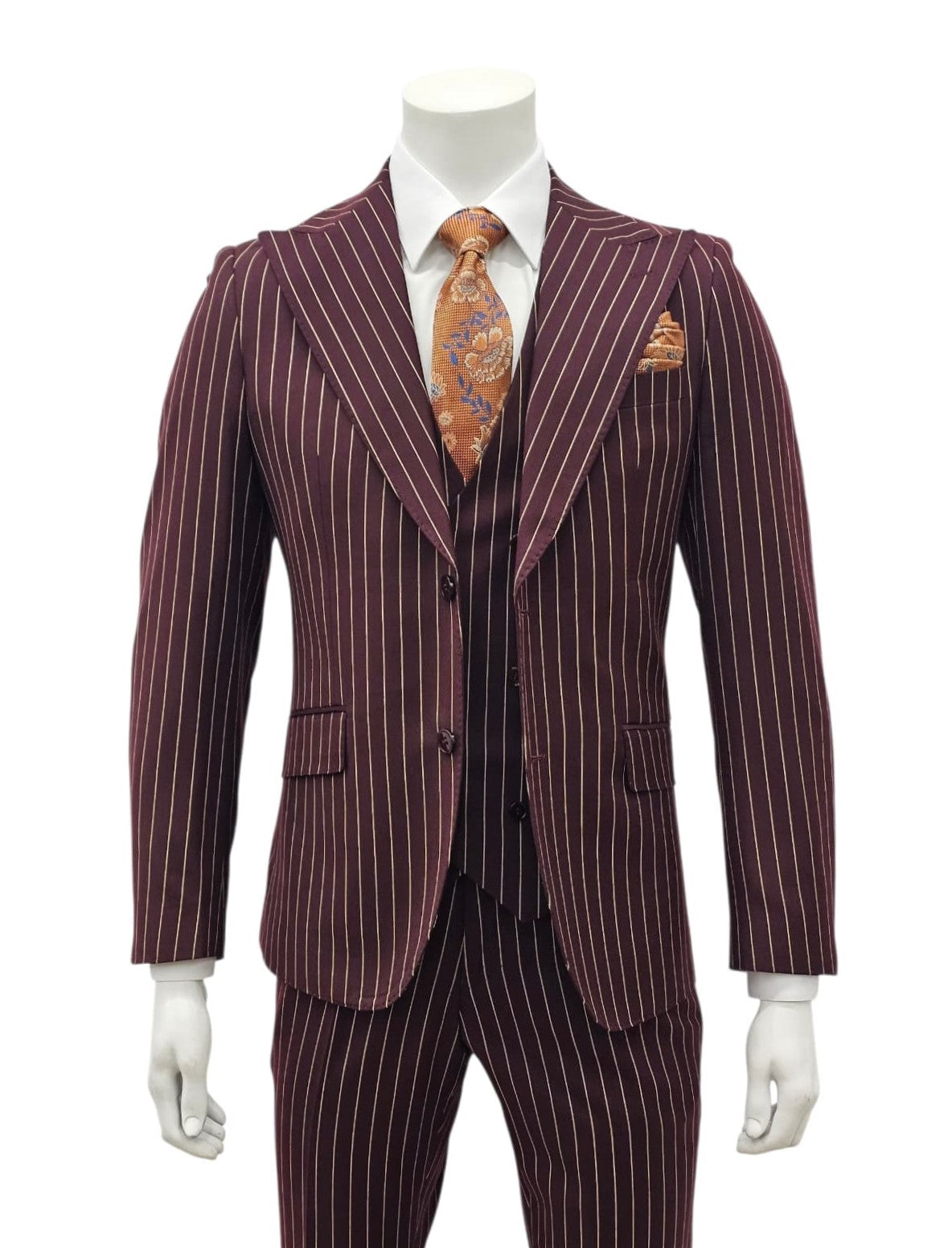 Burgundy Pinstripe Slim Fit 3-Piece Suit — front view