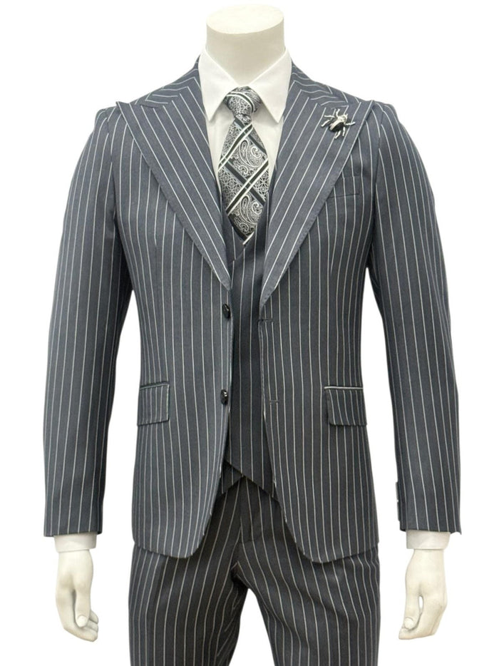 Grey Pinstripe Slim Fit 3-Piece Suit — front view