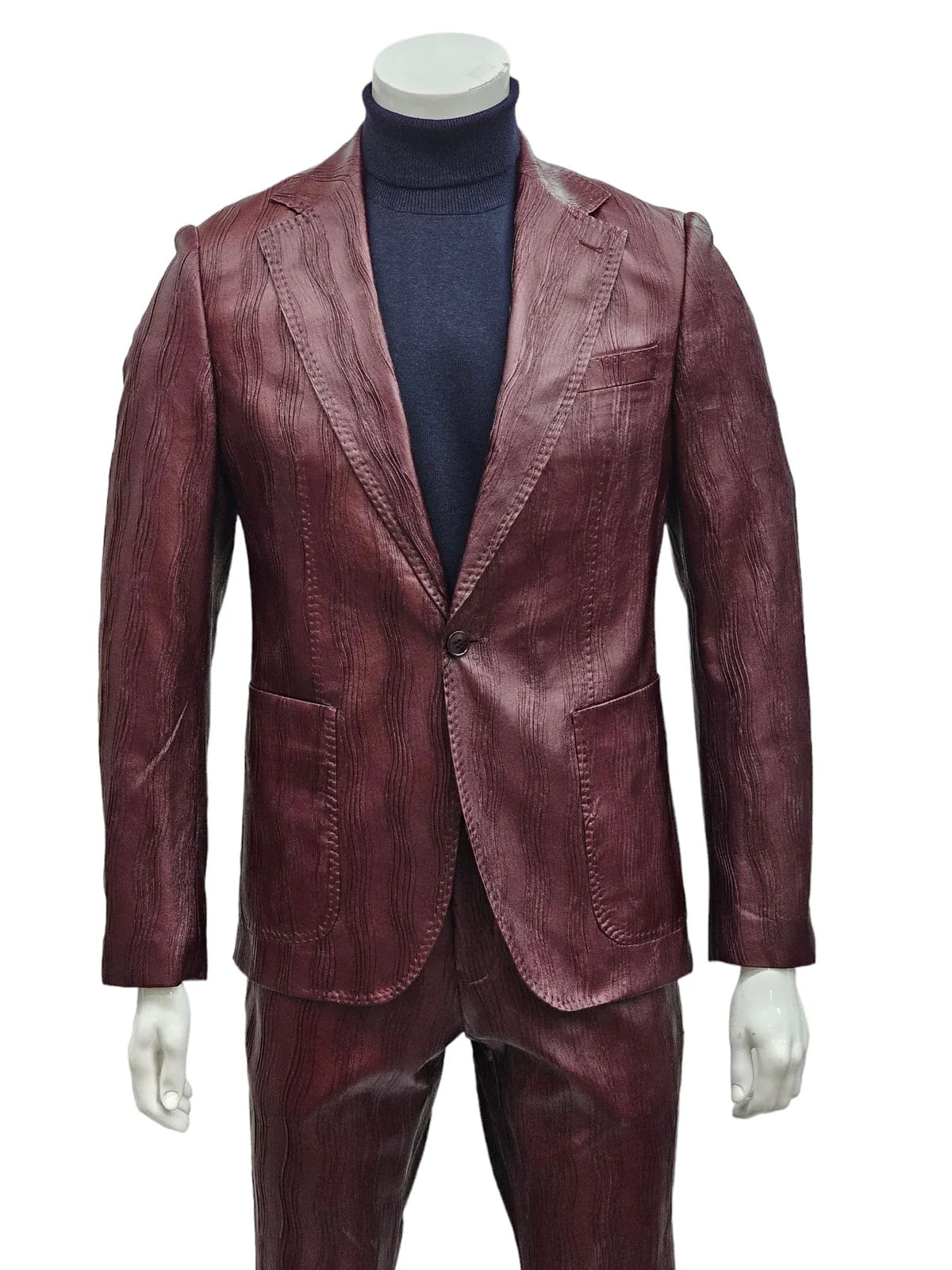 Mens One Button Notch Lapel Suit Burgundy