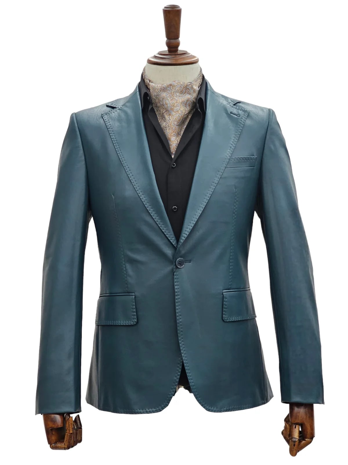 Mens 1 Button Slim Fit Leather Suit Blue
