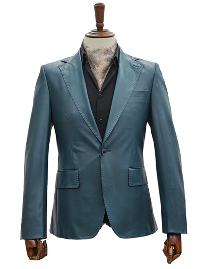 Mens 1 Button Slim Fit Leather Suit Blue