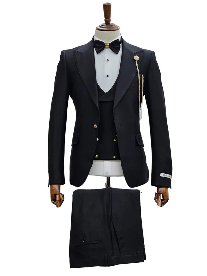 Mens Giovanni Testi Black Slim Fit 3 Piece Suit –1 Button Peak Lapel, Double Breasted Vest, Modern Center Vent