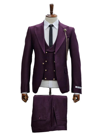 Mens Giovanni Testi Eggplant 3 Piece Suit – Slim Fit 1 Button Peak Lapel Formal Tuxedo Suit