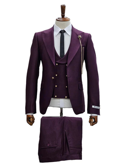 Mens Giovanni Testi Eggplant 3 Piece Suit – Slim Fit 1 Button Peak Lapel Formal Tuxedo Suit