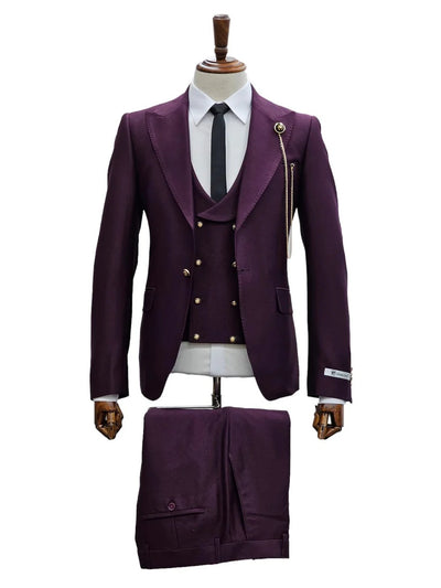 Mens Giovanni Testi Eggplant 3 Piece Suit – Slim Fit 1 Button Peak Lapel Formal Tuxedo Suit