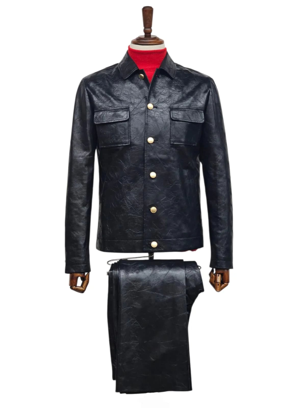 Mens Five Button Slim Fit Leather Suit Black