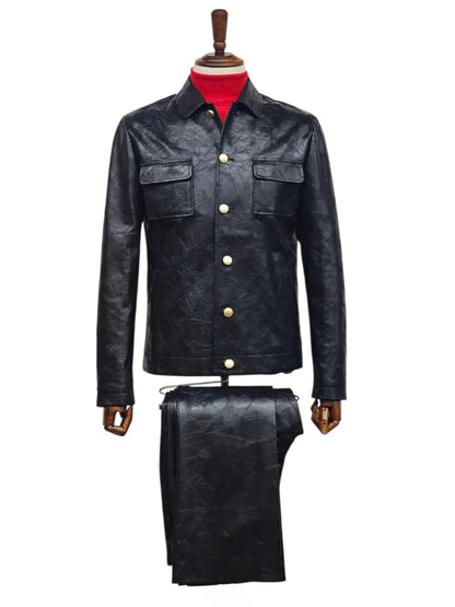 Mens Five Button Slim Fit Leather Suit Black