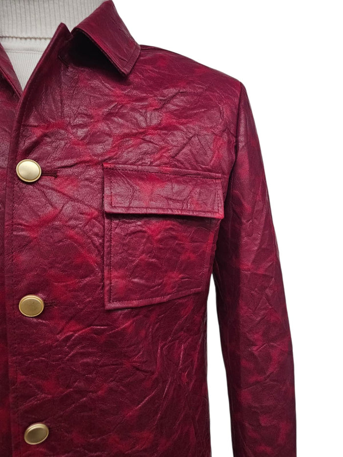Two Piece Slim Fit Faux Leather Casual Suit Burgundy