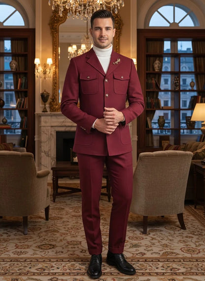 Mens Giovanni Testi 2 Piece Burgundy Suit – Slim Fit 4 Button Blazer with Notch Lapel & Flap Pockets